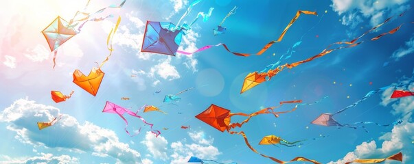 Family flying kites for National Kite Flying Day, colorful kites soaring in the blue sky, 4K hyperrealistic photo.