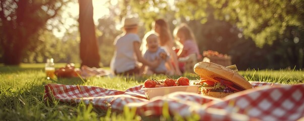 Family having a picnic for National Picnic Month, enjoying delicious food in a sunny park, 4K hyperrealistic photo. - Powered by Adobe