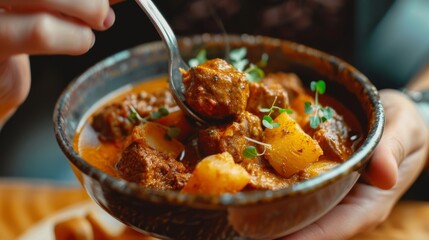Person savoring a bowl of spicy Indian lamb vindaloo curry with tender chunks of meat and potatoes