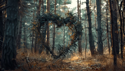 A heart made of trees is shown in a forest