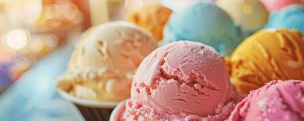 Celebrating National Ice Cream Day with friends at an ice cream shop, enjoying various flavors, 4K hyperrealistic photo.