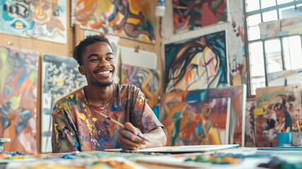 In the vibrant studio, a young artist smiles, holding a paintbrush surrounded by colorful artwork, showcasing creativity, talent, and joy in the artists space