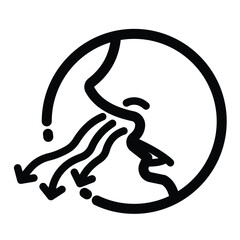 Side view nose breathing out fresh air. Human sigh or letting out air icon illustration outline isolated on square white background. Simple flat sign drawing with cartoon black and white art style.