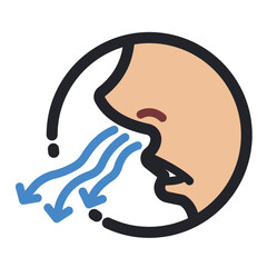 Colored side view nose breathing out fresh air. Human sigh or letting out air icon illustration outline isolated on square white background. Simple flat sign drawing with cartoon art style.