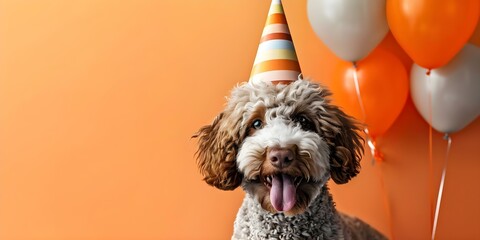 Labradoodle wearing a party hat and sticking out its tongue, celebrating birthday with a colorful background. Concept Labradoodle, Birthday Celebration, Party Hat, Colorful Background