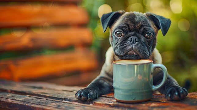 A cute pug puppy sits on a wooden bench with a large mug of coffee.  The puppy is looking directly at the camera.  A blurred green background.