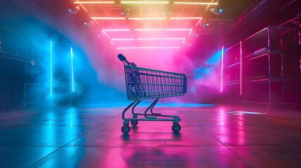 Abandoned Shopping Cart on Neon Lit Stage in Fashion Show Display Concept