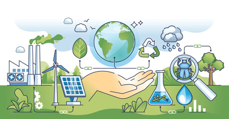 Environmental science and nature friendly power sources outline hands concept. Ecological element usage for scientific energy development and renewable innovation research vector illustration. © VectorMine