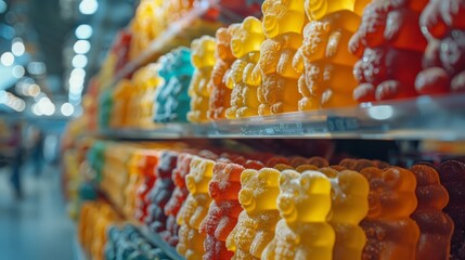 A colorful display of gummy bears on a supermarket shelf, with a blurred background of shoppers.