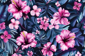 A vibrant seamless pattern featuring pink hibiscus flowers and tropical leaves on a dark blue background.