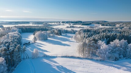 Obraz premium Tranquil Winter Scene of Snow-Covered Swedish Countryside with Serene Forests and Fields Under Clear Blue Sky