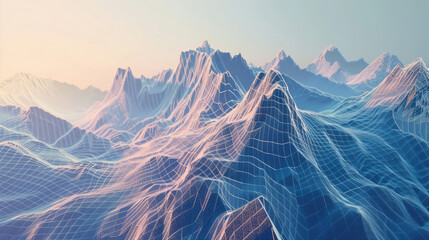 Digital topographic landscape showcasing colorful wireframe mountain ranges at sunrise. - Powered by Adobe