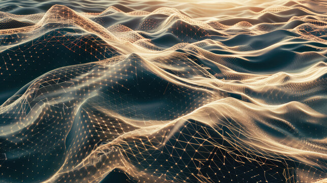 Abstract digital landscape with dynamic wave patterns and glowing triangular grid structures.