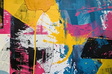 with a multicolor painted texture background show abstract oil painted art. Vibrant shades of pink, blue, and yellow blend together in brush strokes, creating a dynamic wallpaper or background