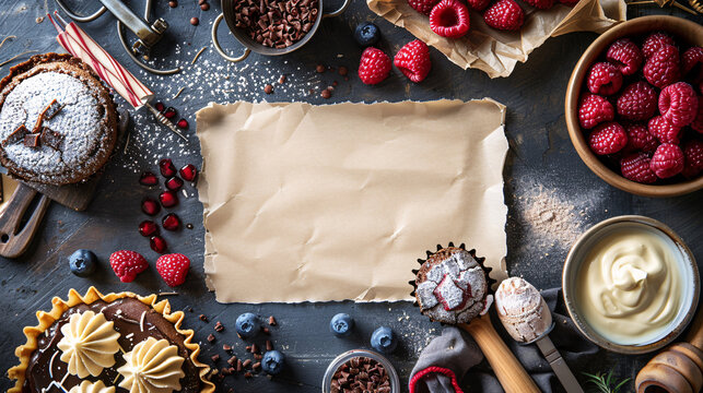 Calligraphy of delicious dessert names with a blank recipe card and kitchen items