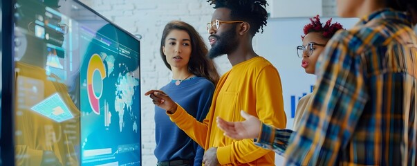 Diverse Team Discussing Business Project Around Digital Display