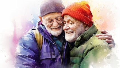 Two men are holding a rainbow flag and smiling