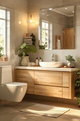 Scandinavian Bathroom Style, Bright wooden vanity with green plants, Minimalist Decor.