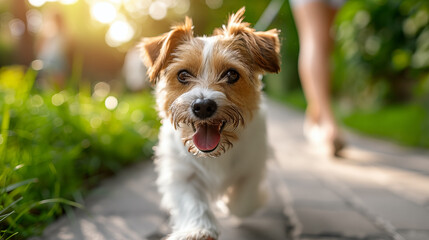 A small white and brown Jack Russell Terrier dog walks on the sidewalk, happily looking at the camera with his mouth open