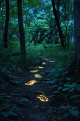 Obraz premium A single path of glowing footprints leading through a dark forest 