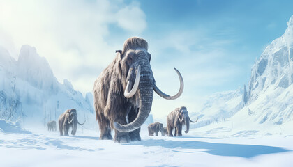 Three elephants are standing in a snowy field