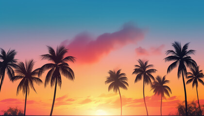 Obraz premium A beautiful sunset over the ocean with palm trees in the background
