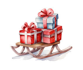 Watercolor wooden sled with blue and red gift boxes tied with bows, isolated on white background.