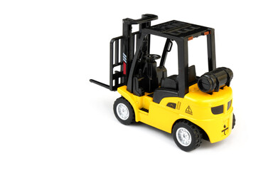Forklift truck model isolated on white, copy space for text.