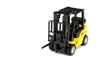 Yellow forklift truck isolated on white background. Room for text.