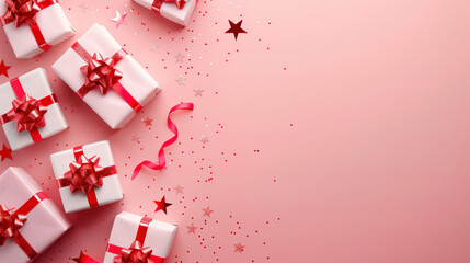 A top-down view of elegantly wrapped white gift boxes with red ribbons and bows, scattered on a soft pastel pink background