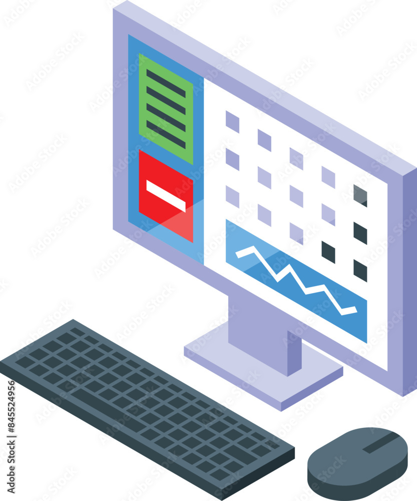 Poster computer showing statistics chart with keyboard and mouse, isometric view