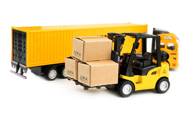 Cargo truck and forklift truck with carton boxes isolated on white 