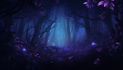 A forest with purple leaves and dark blue sky