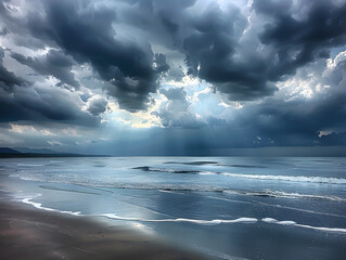 a dramatic sky with dark clouds and rays of sunlight shining through, creating a silhouette of a wave crashing onto a rocky beach.