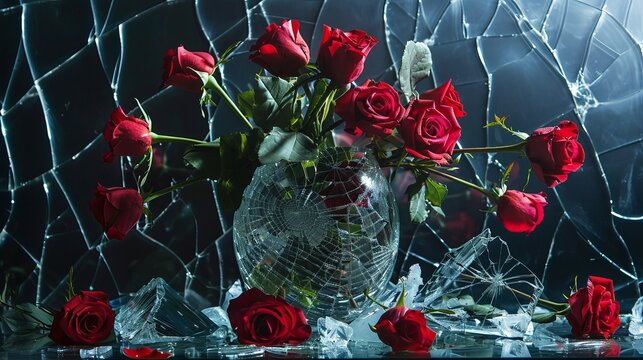 "Stock photo featuring a broken glass vase with scattered roses, conveying a sense of fragility and beauty amidst imperfection."