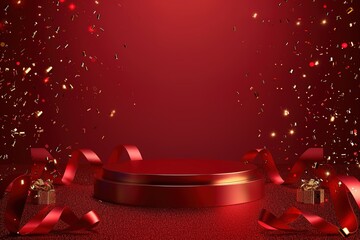 Red product display stand with gold ribbon and glittering light effect decorations. Red luxury background
