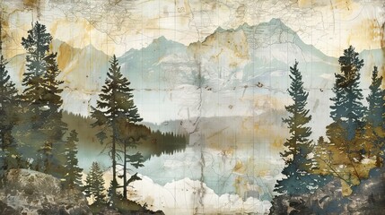 Textured map collage with mountain landscape and forest