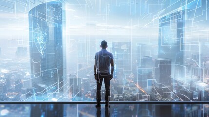 Man viewing digital blueprints of city in high-tech environment