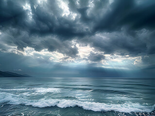 Fototapeta premium a dramatic sky with dark clouds and rays of sunlight shining through, creating a silhouette of a wave crashing onto a rocky beach.