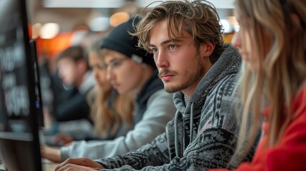 Fototapeta premium Focused Students Working on Computers in Classroom Setting