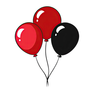recommend clip art: A digital illustration of three glossy metal latex balloons in red and black, isolated against a white background. The balloons are arranged in a cluster, with the red balloons slightly overlapping th
