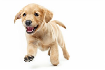Golden retriever puppy running with mouth open on white background