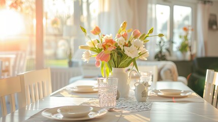 "Stock photo collection featuring different shots of a decorated white dining table in a bright environment, adorned with flowers and a flower vase, adding elegance and charm to the setting."