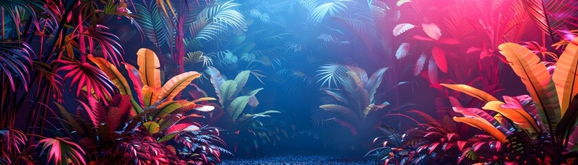 Neon Lit Botanical Garden for Nighttime Exhibition with Lush Tropical Foliage and Vibrant Glowing Atmosphere