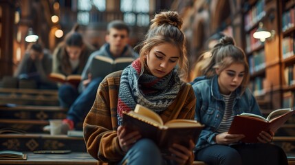 Obraz premium Students Reading Books in a Cozy Library Setting
