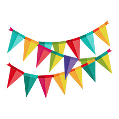 Obraz premium An image of two strings of colorful triangular party flags, isolated on a white background. Generative AI