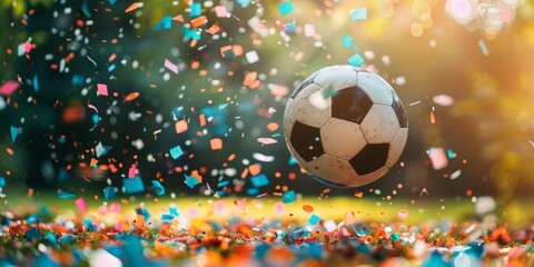 Soccer ball surrounded by colorful confetti in the air