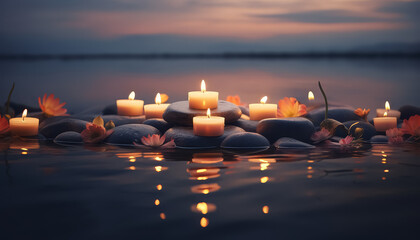 A group of candles are floating on the surface of a body of water