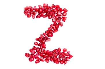 Z English Alphabet Capital Letter Written with Pomegranate Seeds Isolated on White Background, Kindergarten Children Education Concepts