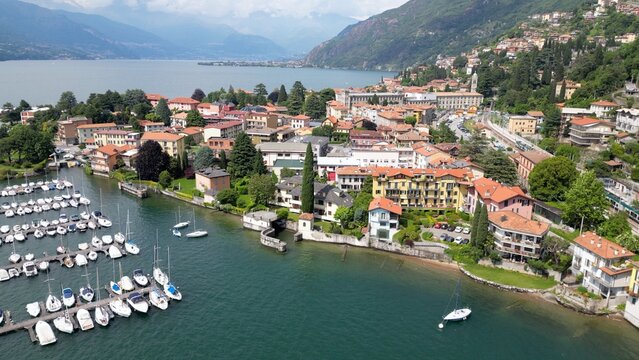 Bellano and Varena  are a csmall town on the eastern shore of Lake Como in the Province of Lecco in the Italian region Lombardy. Drone aerial view from Cammino del Viandante walking for tourist  
